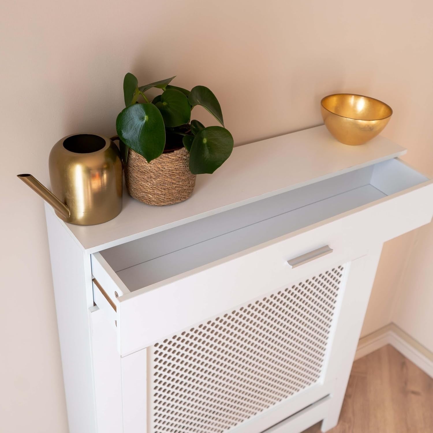 White Radiator Cover with Drawer Diamond Slat W78xH96cm Modern Wooden Cabinet