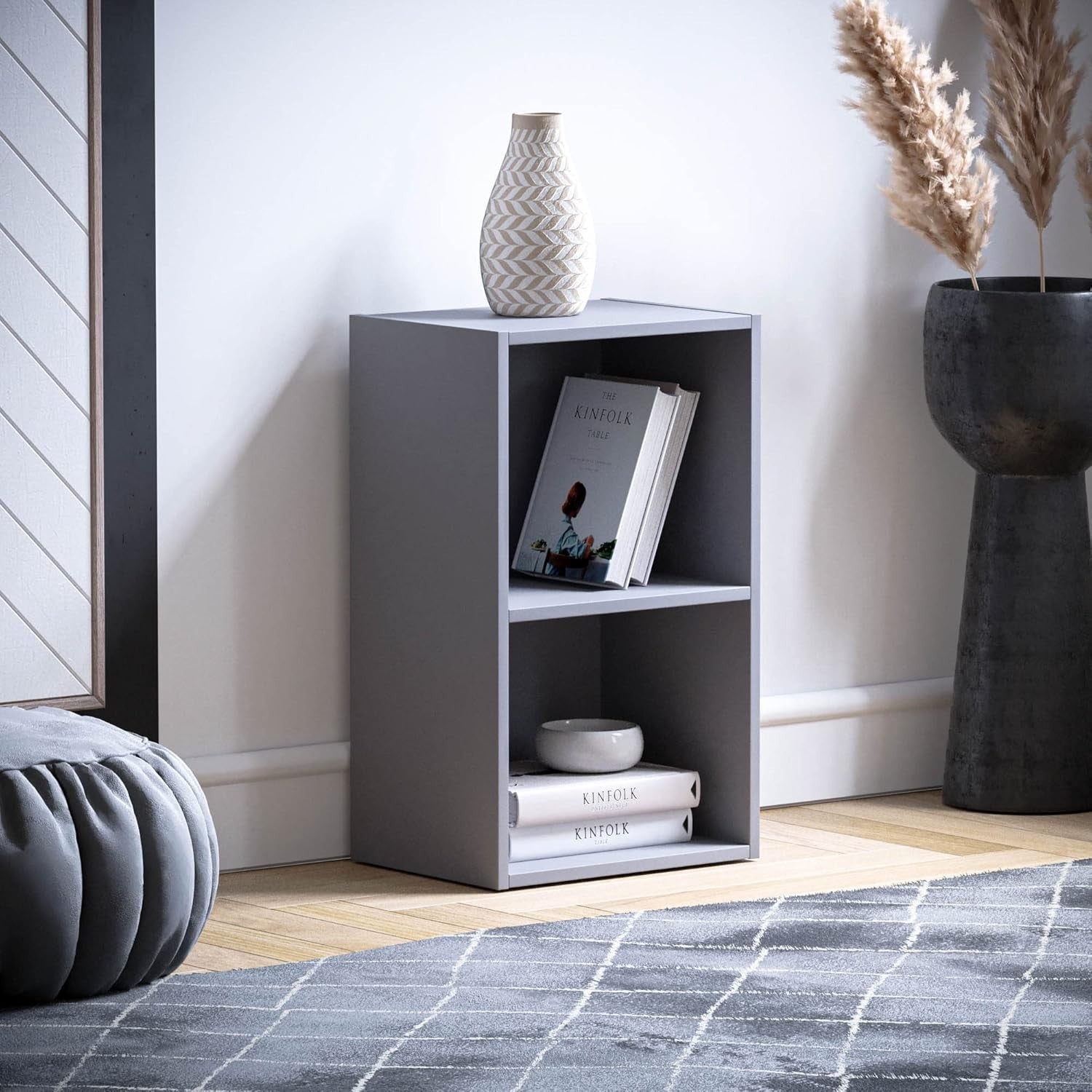 2 Tier Grey Wooden Cube Bookcase Small Storage Shelf for Living Room Office