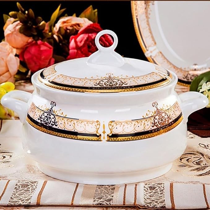 60 Piece Luxury Porcelain Dinner Set Plates Bowls Spoons Tray Gold Trim