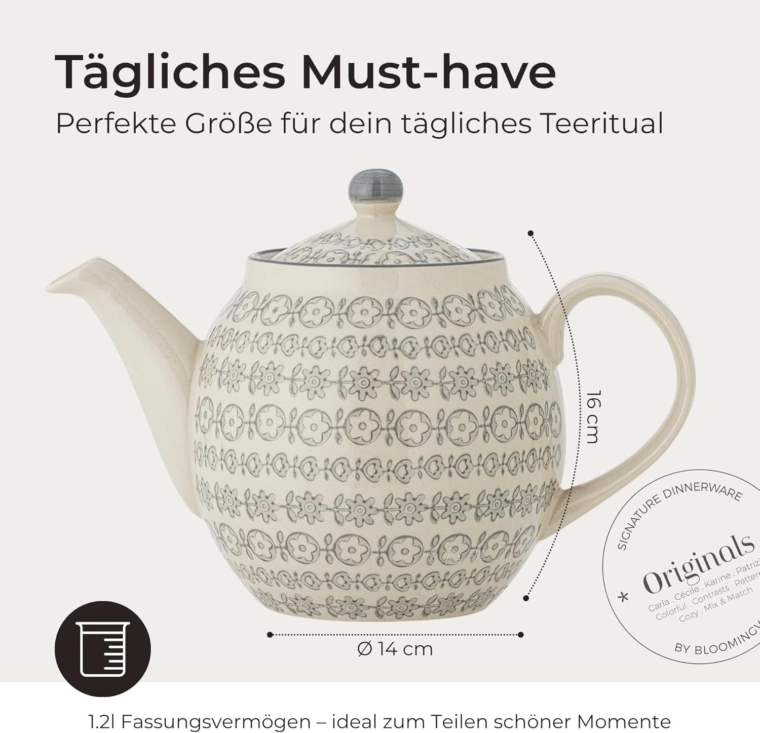 Stoneware Teapot 1200ml Grey Floral Ceramic Tea Pot Dishwasher Safe