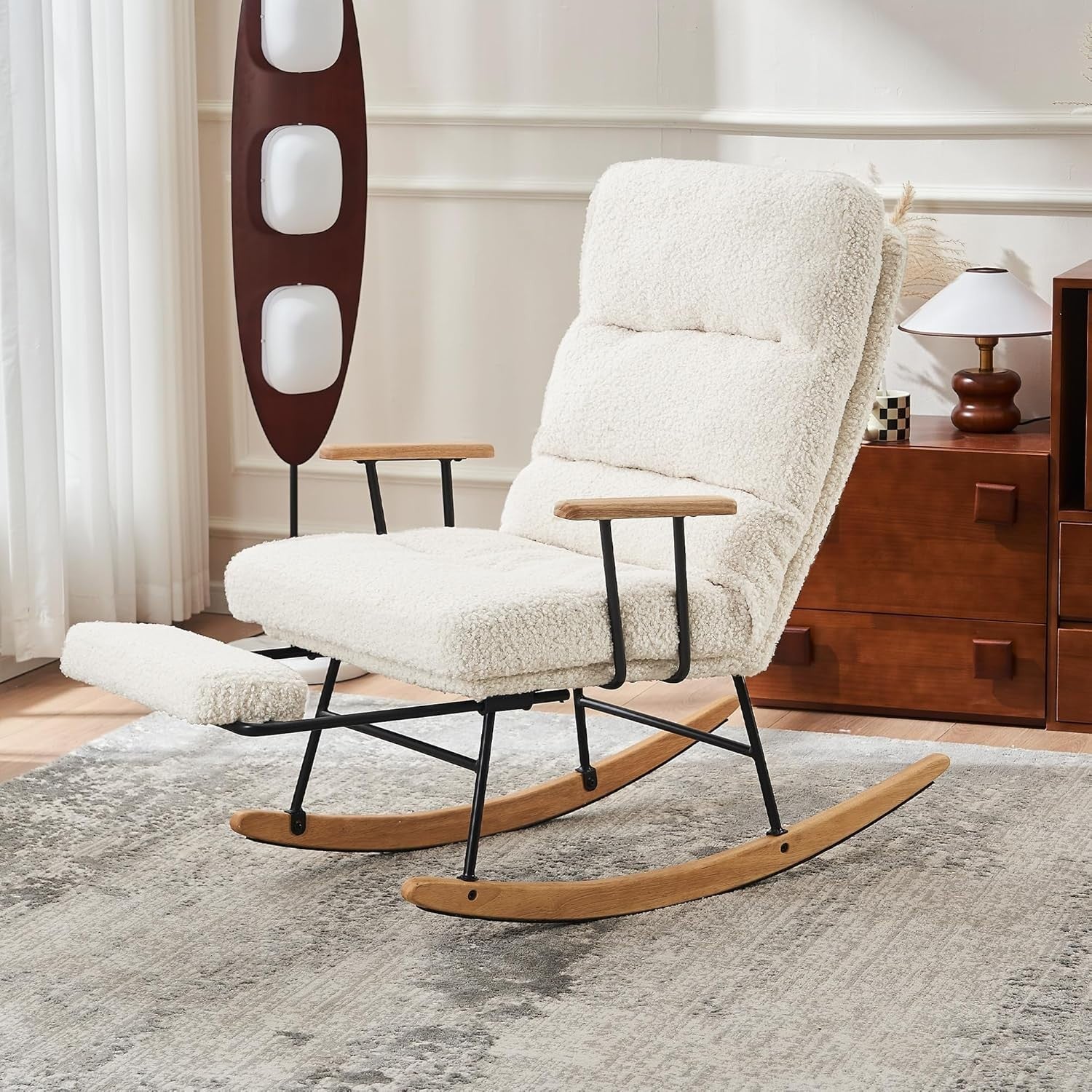 Comfortable Reclining Rocking Chair with Footrest Soft Boucle Fabric Armchair