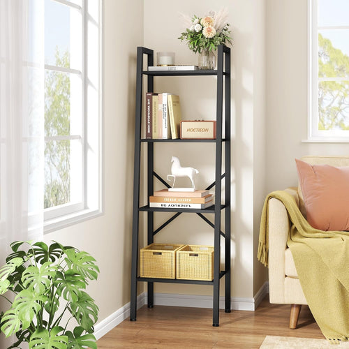 Industrial Ladder Bookshelf 4 Tier Tall Narrow Storage Shelf Metal Frame