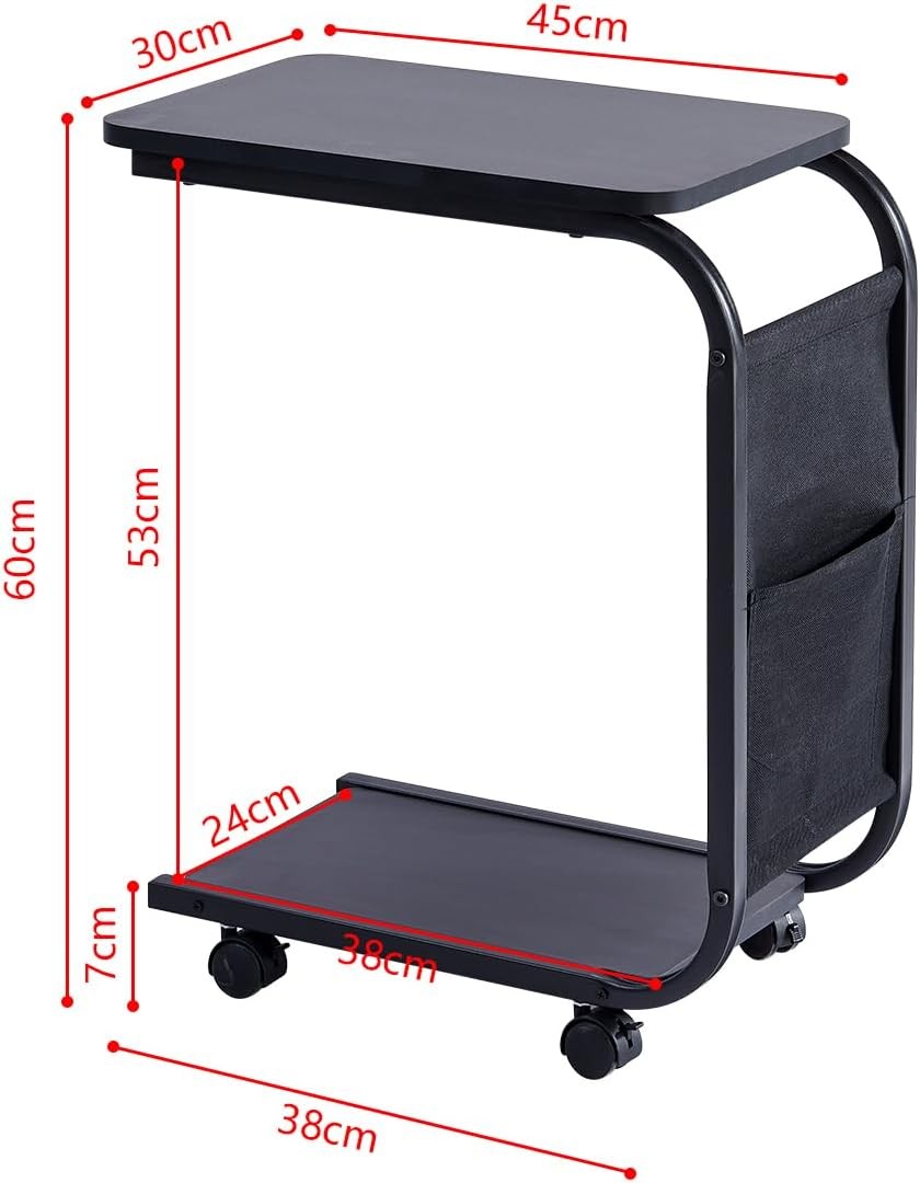 Black Modern Side Table with 2-Tier Storage Shelf – Slim Sofa End Table on Wheel