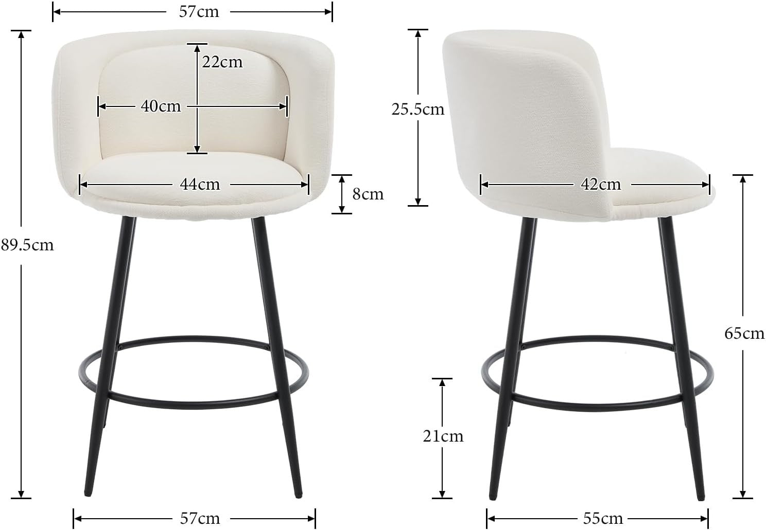 Counter Bar Stools Set of 2 | White Chenille L-Shaped Dining Chairs