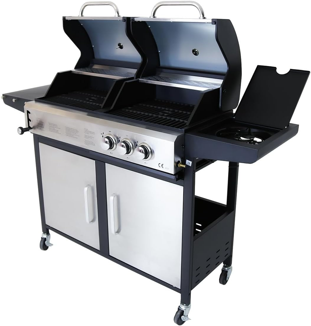 Dual Fuel Gas & Charcoal BBQ Grill with Thermometer & Side Table – 2+1 Burner
