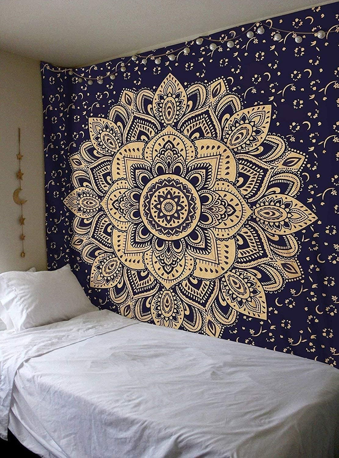 Boho Blue Gold Mandala Tapestry 52x82" Cotton Wall Hanging