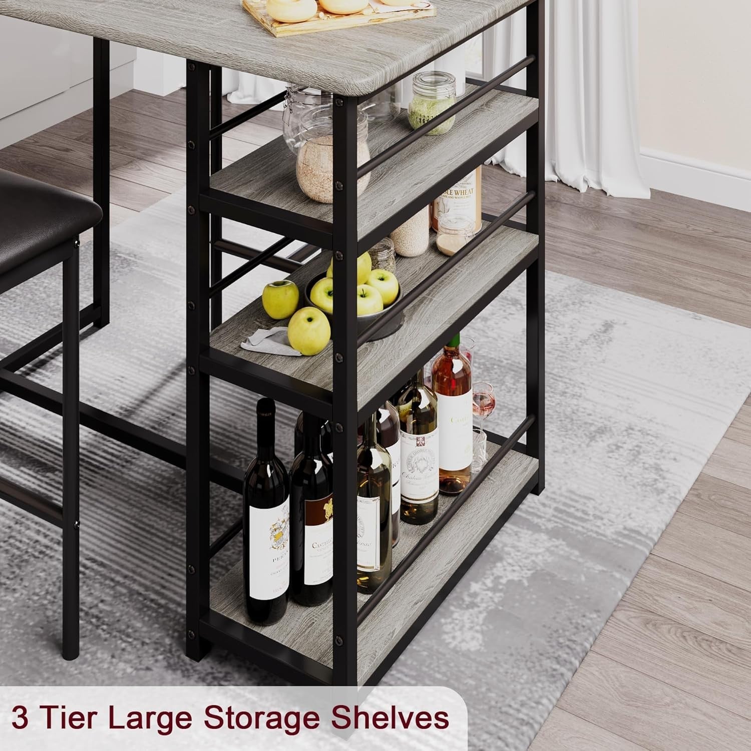 3 Piece Bar Table Set 2 PU Leather Stools & Storage Shelf High Dining Furniture