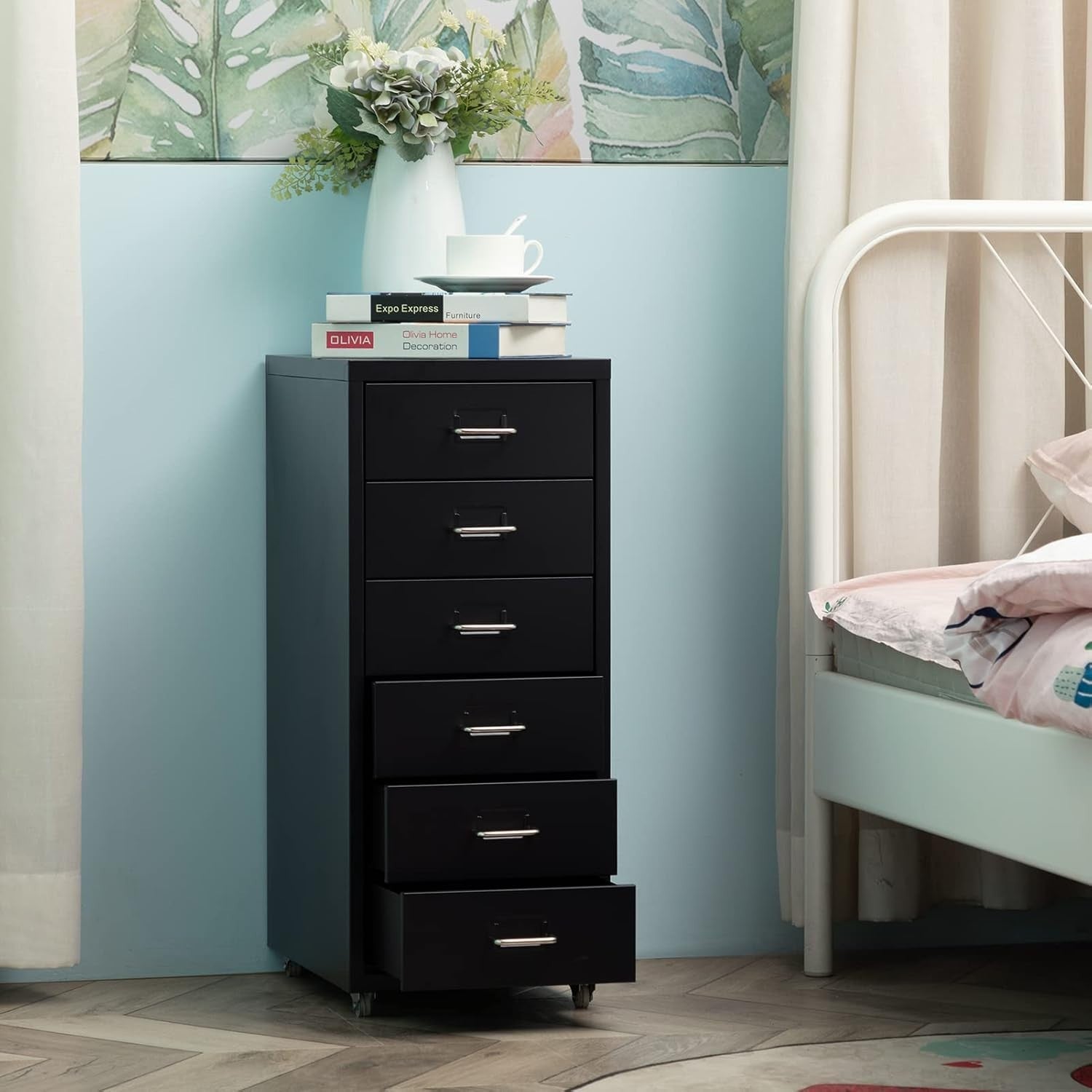 Black Metal Rolling Drawer Cabinet 6 Tier Mobile File Storage Unit