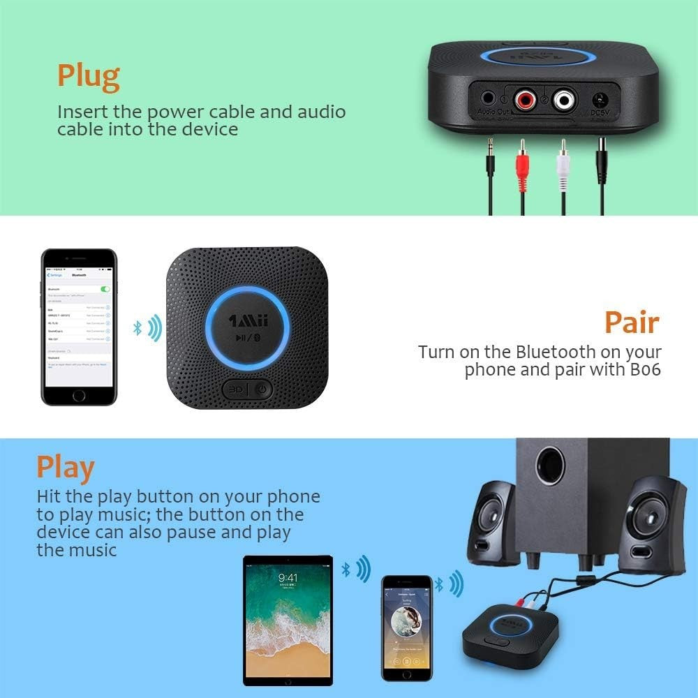 1Mii B06 Bluetooth 5.3 Receiver aptX HD Long Range Audio Adapter RCA AUX