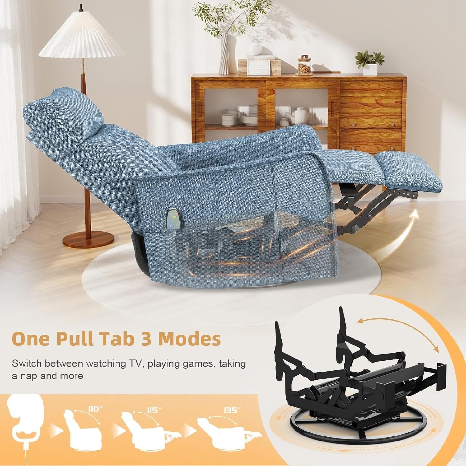 Swivel Rocking Recliner Chair Massage Heat 3-in-1 Footrest Dual Pockets Blue