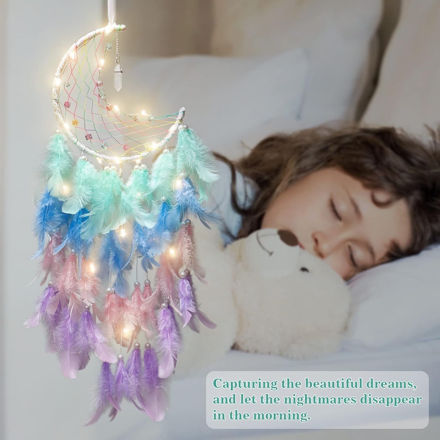 Boho Moon Dream Catcher Rainbow Feathers Fairy Lights Wall Decor