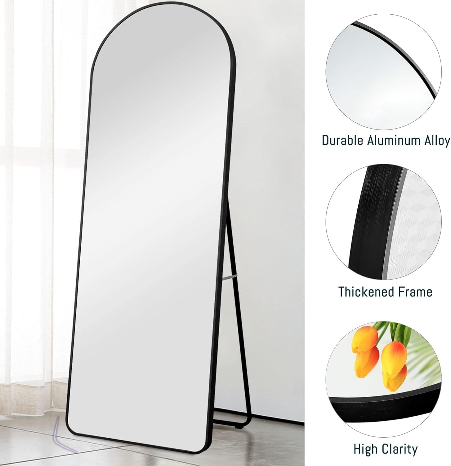 Full Length Arched Mirror 150x50cm Black Standing or Wall Mount HD Glass