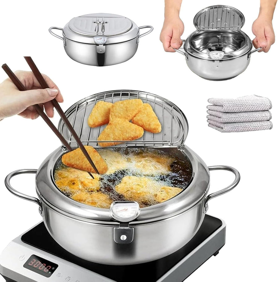 Japanese Tempura Deep Fryer Pot 28cm Stainless Steel With Thermometer