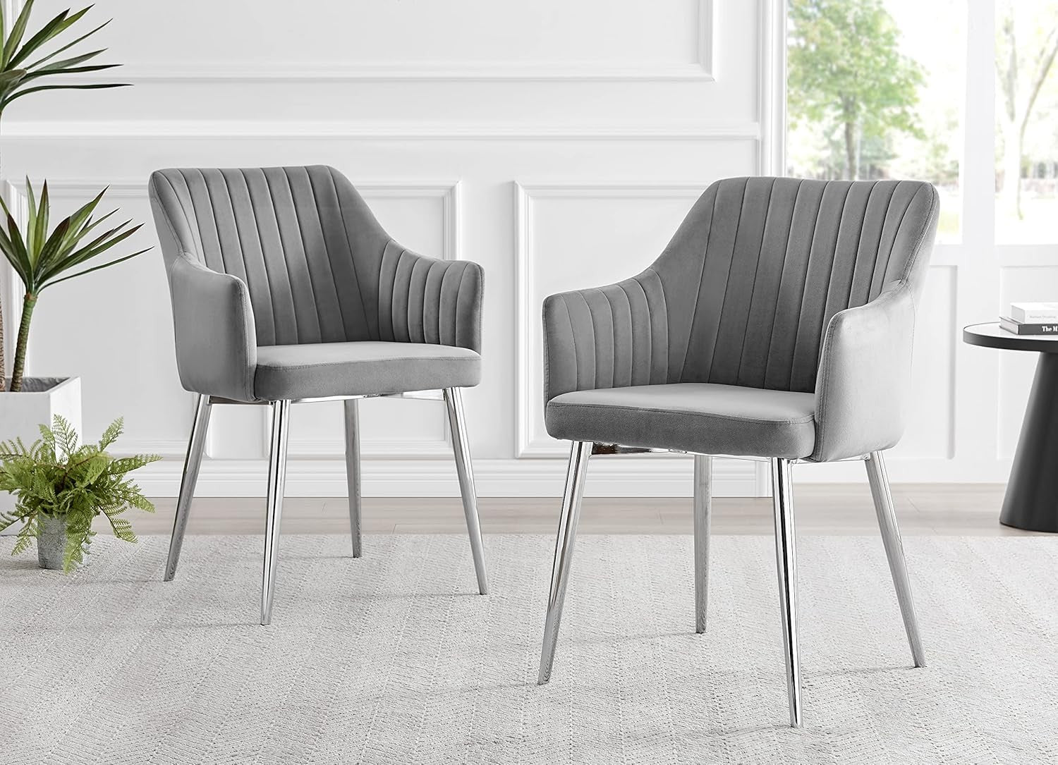 Grey Velvet Dining Chairs Set of 2 High Arm Chrome Legs