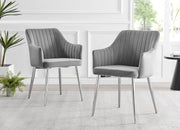 Grey Velvet Dining Chairs Set of 2 High Arm Chrome Legs