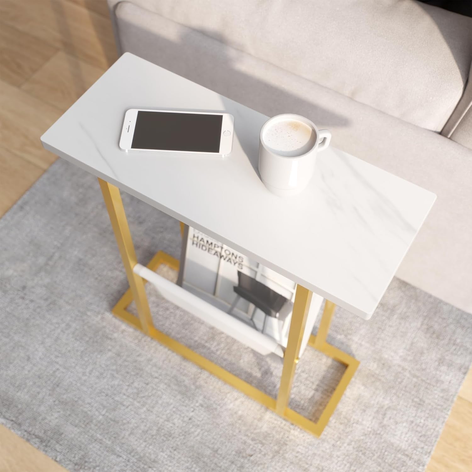 Slim Gold Side Table with Storage Bag – Narrow End Table for Sofa/Bed