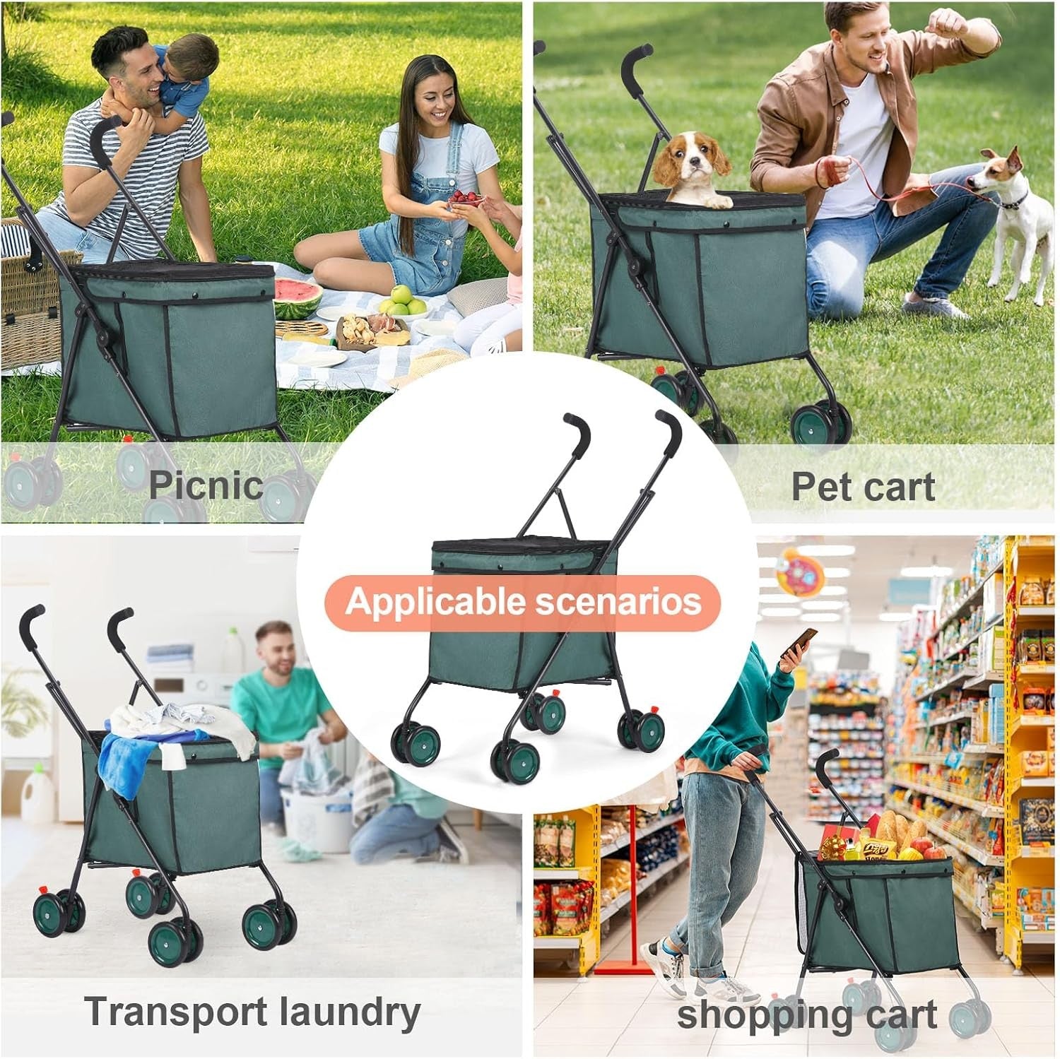 Dark Green Foldable Pet Shopping Cart Stroller 60lb Heavy Duty Utility Wagon