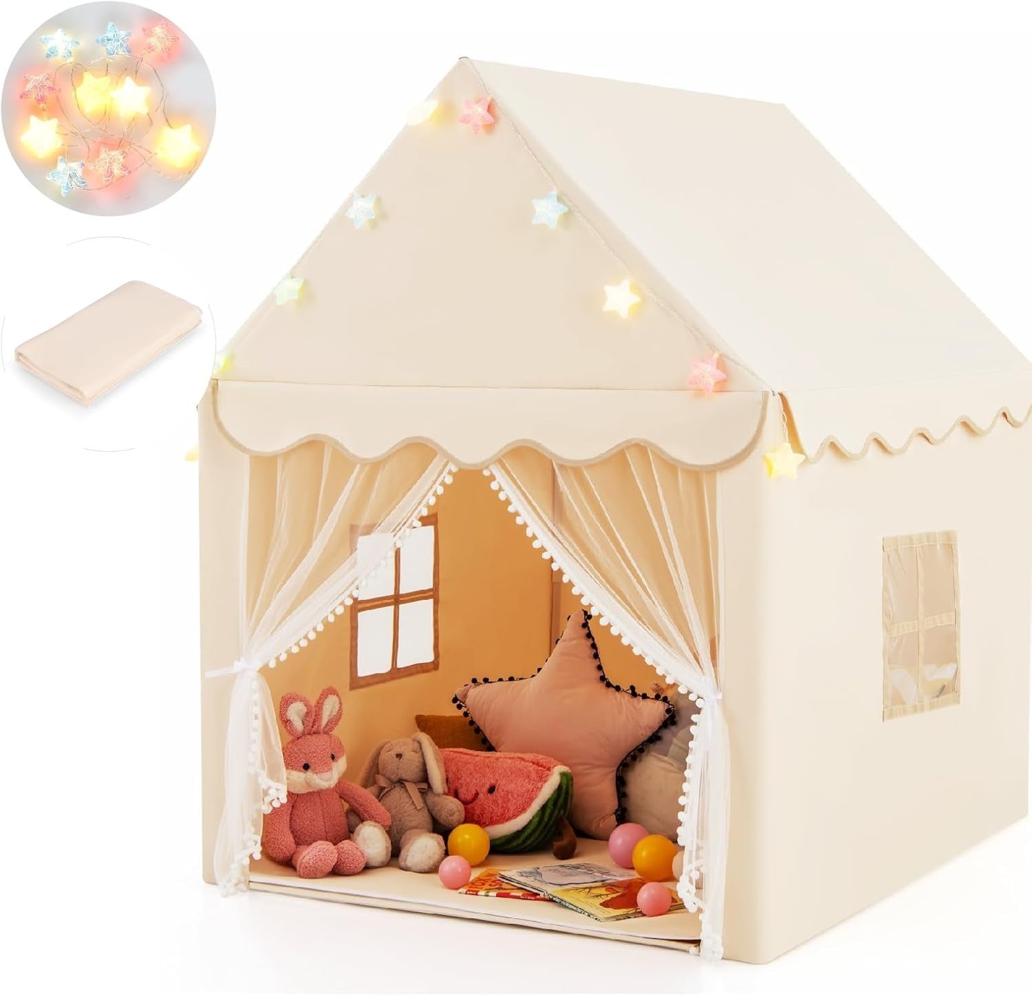 Beige Kids Fairy Castle Play Tent With Star Lights Washable Mat