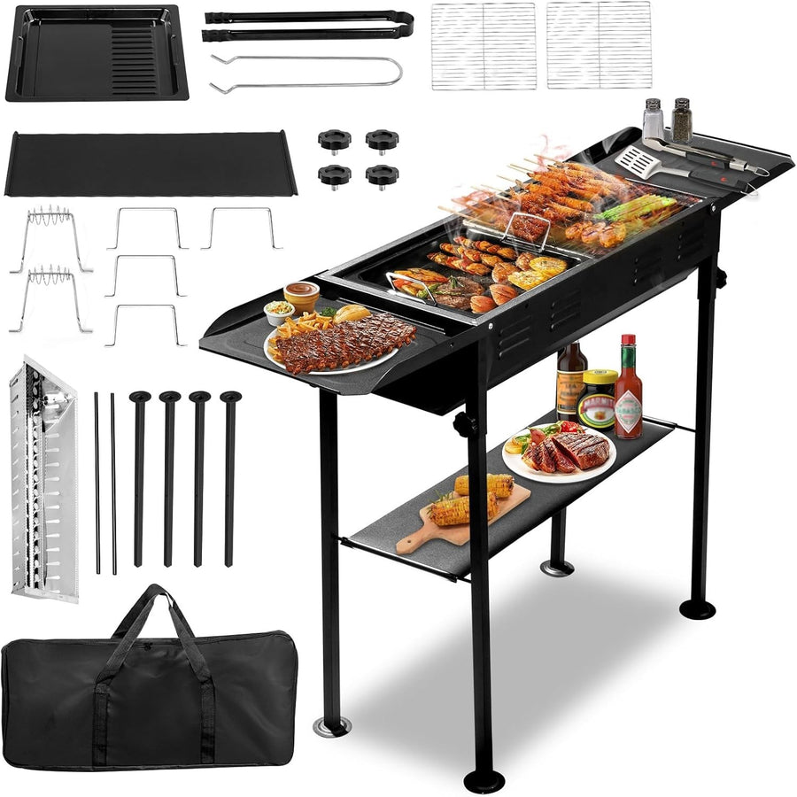 Portable Charcoal BBQ Grill with Height Adjustment, Kebab Slots & Carry Bag