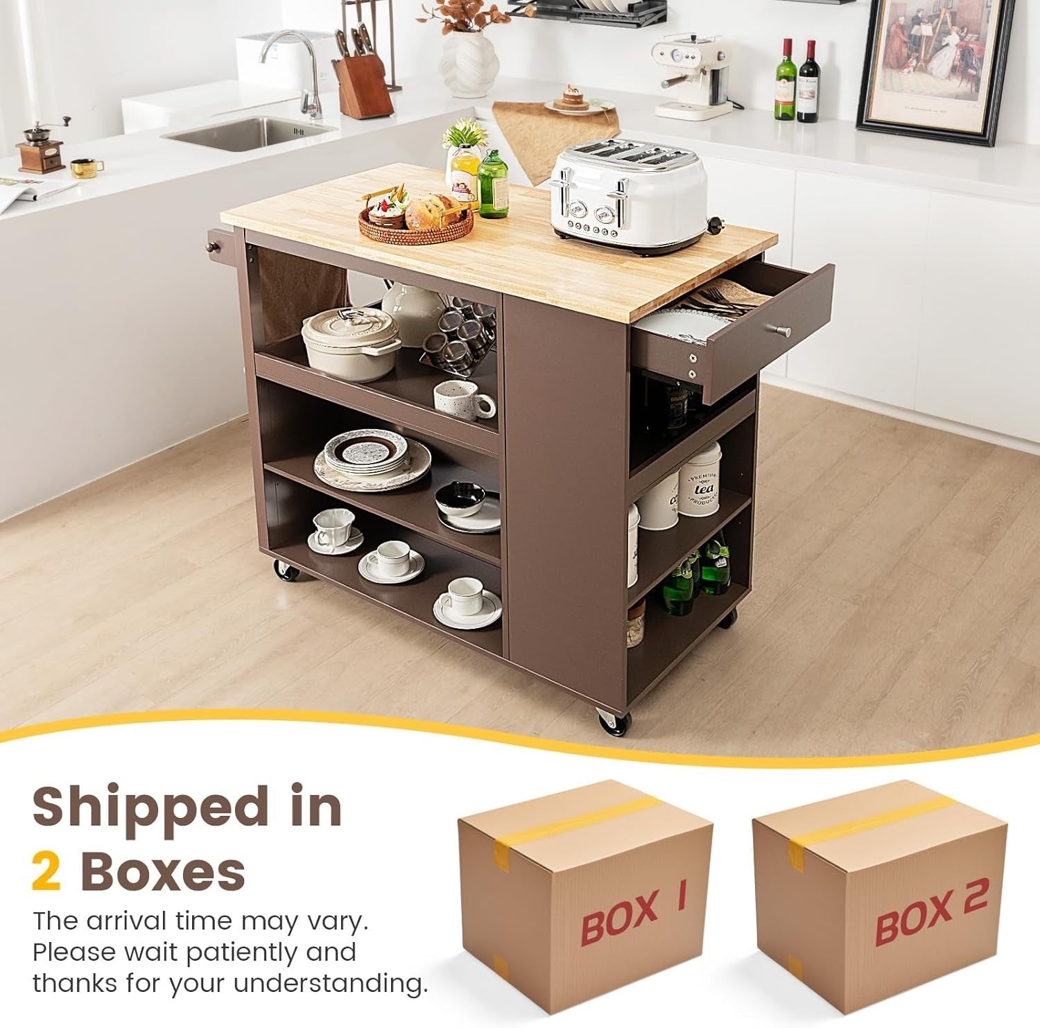 Mobile Kitchen Island Trolley with Wood Top, Drawer, Shelves & Wheels