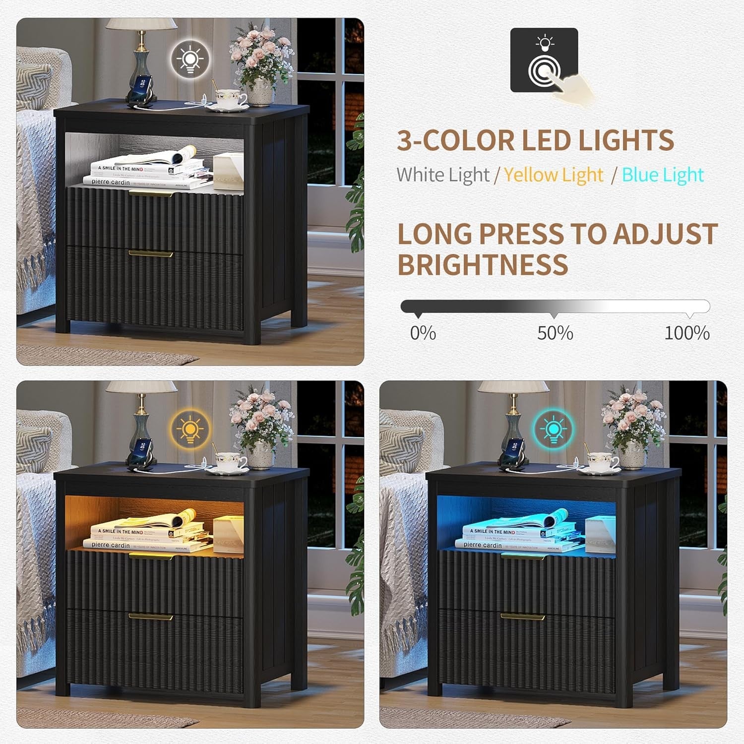 Set of 2 Black 24" Smart Bedside Tables with Charging Station, LED & 3 Drawers