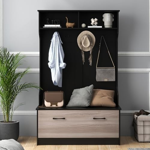 Freestanding Coat Rack with Shoe Bench & Hooks for Hallway Entryway Home
