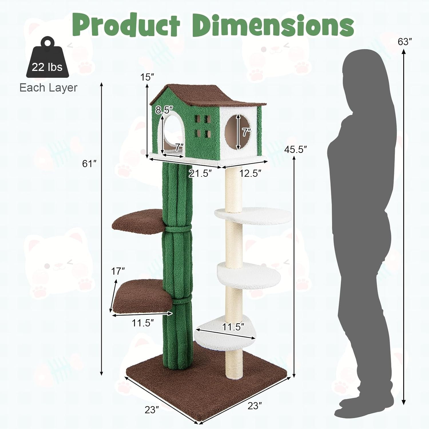 Tall Cat Tree 7 Tier Indoor Tower with Condo Plush Platforms Heavy Duty 61”