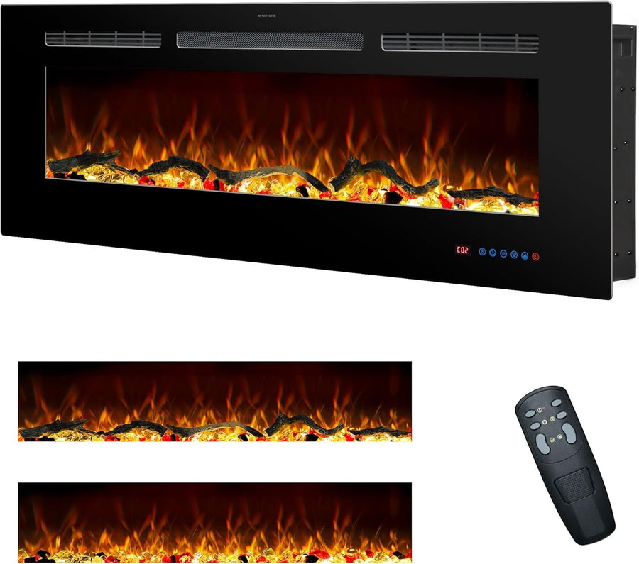 50” Wall Mounted Electric Fireplace Heater LED Log Flame Remote
