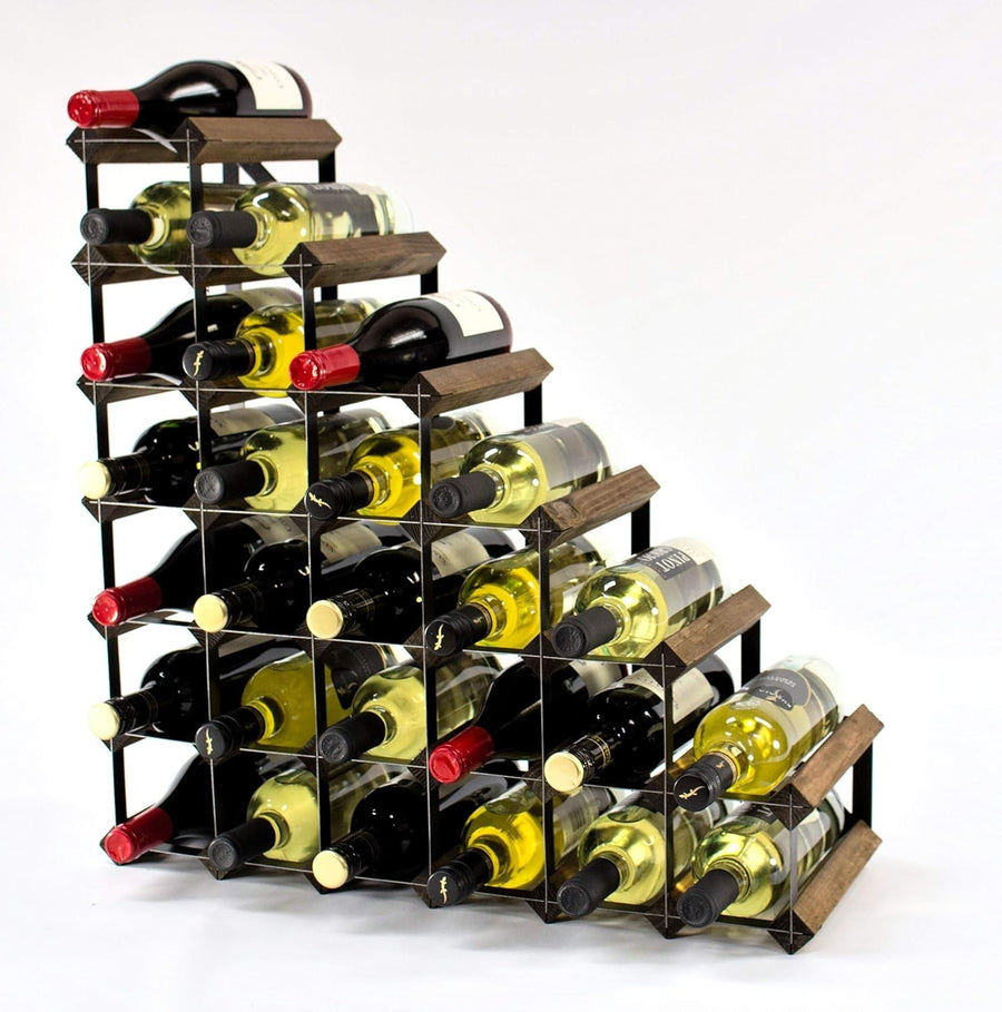 27 Bottle Wine Rack Walnut Wood & Black Metal Freestanding Understairs Storage
