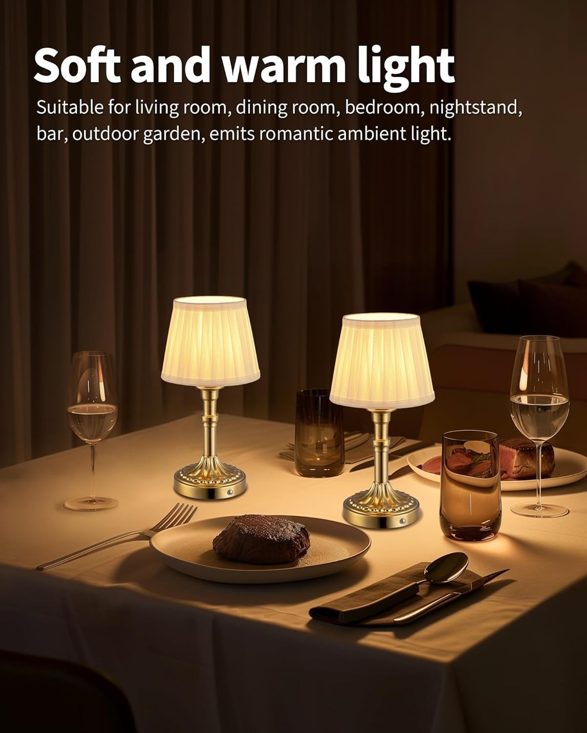Rechargeable Cordless Table Lamps 2-Pack, Dimmable LED Touch, Fabric Shade