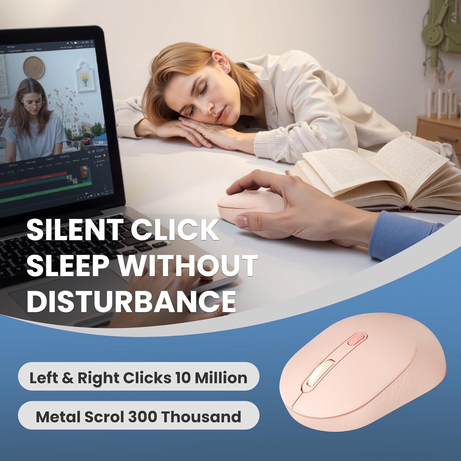 Pink Dual Mode Bluetooth Mouse 1600 DPI Silent Ergonomic Wireless Laptop PC