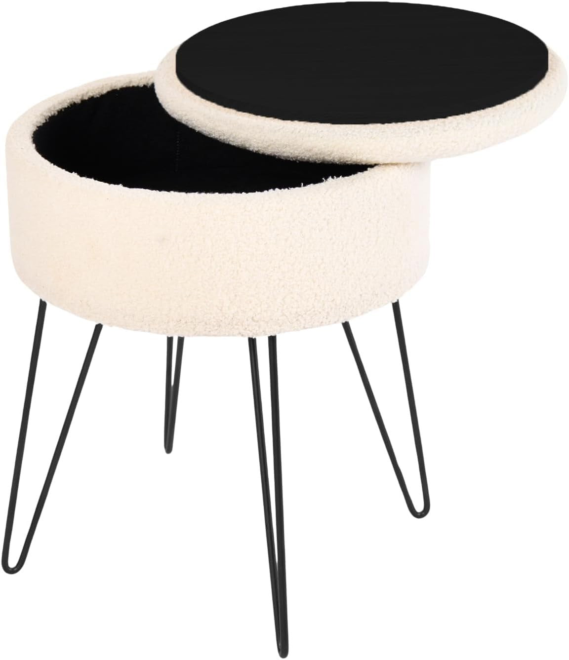 Cream Bouclé Storage Footstool Round Vanity Stool Hairpin Leg Ottoman