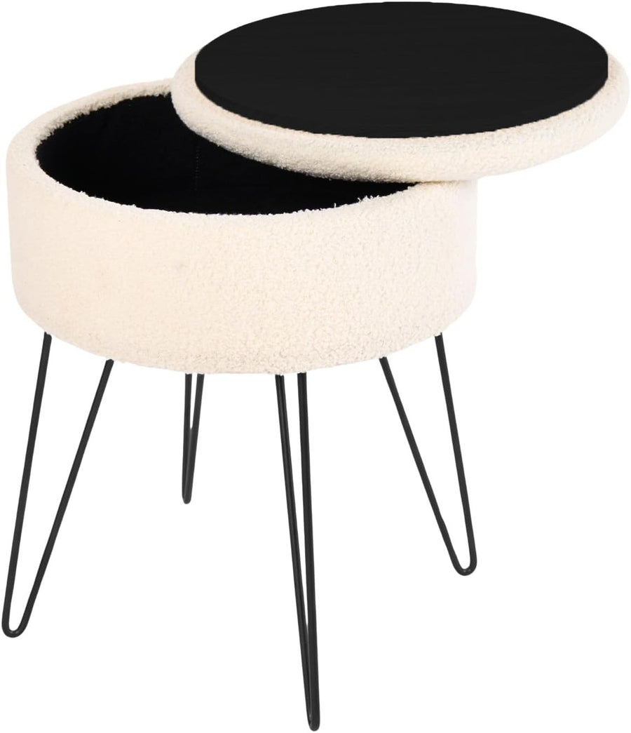 Cream Bouclé Storage Footstool Round Vanity Stool Hairpin Leg Ottoman