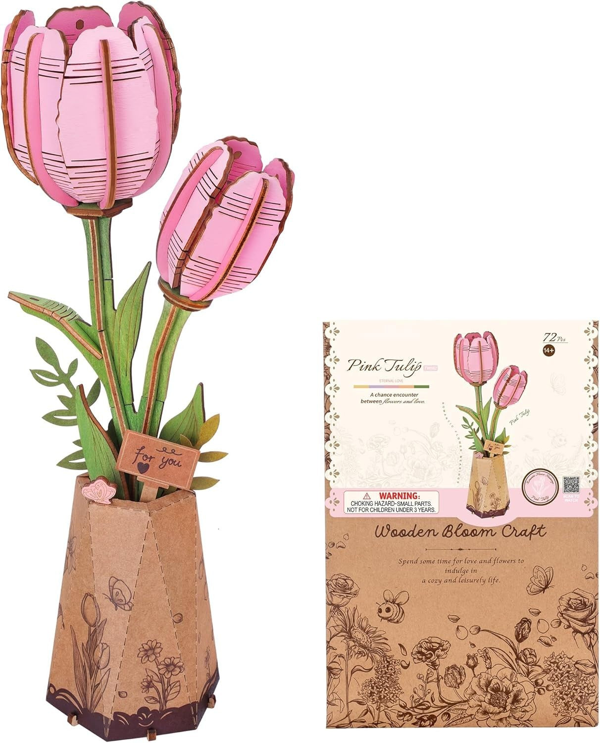 3D Pink Tulip Wooden Puzzle – Adjustable DIY Floral Decor Gift