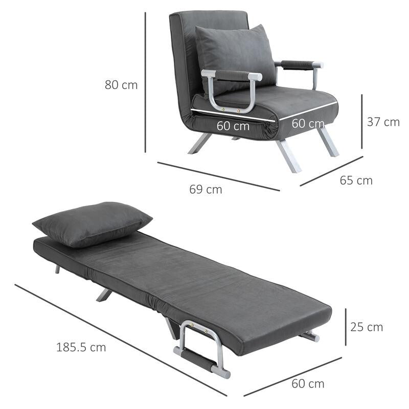 2-Seater Recliner Chair Sofa Bed – Adjustable Dark Grey Sleeper Seat w/ Pillow