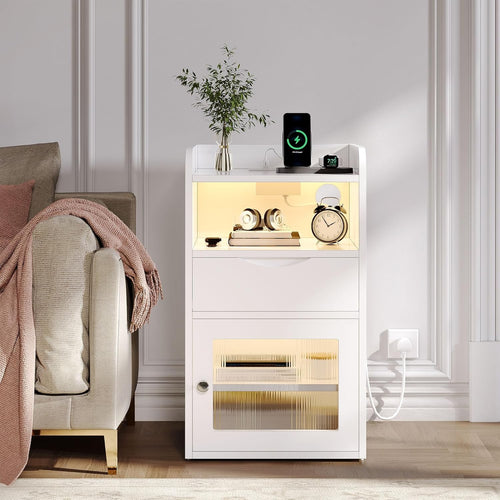 White LED Bedside Table with Charging Station, Drawer Storage & Shelf