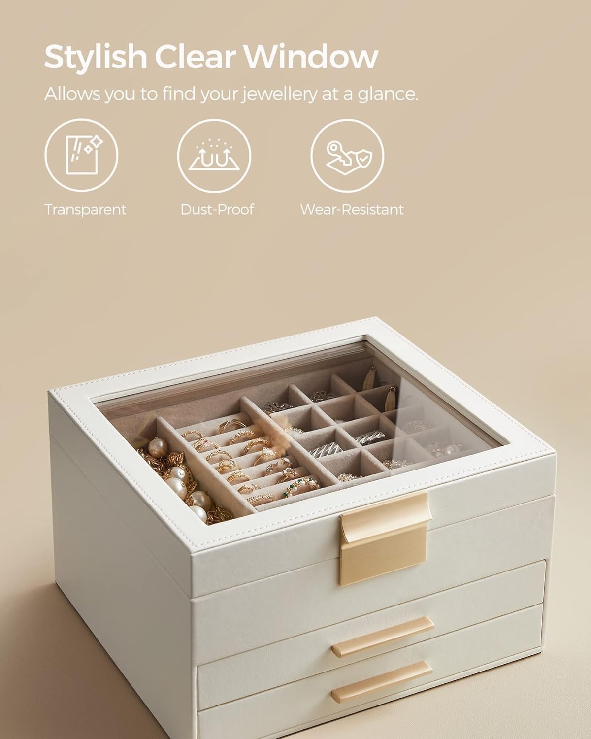 Glass Lid Jewellery Box Cloud White Gold 3 Tier Storage with 2 Drawers