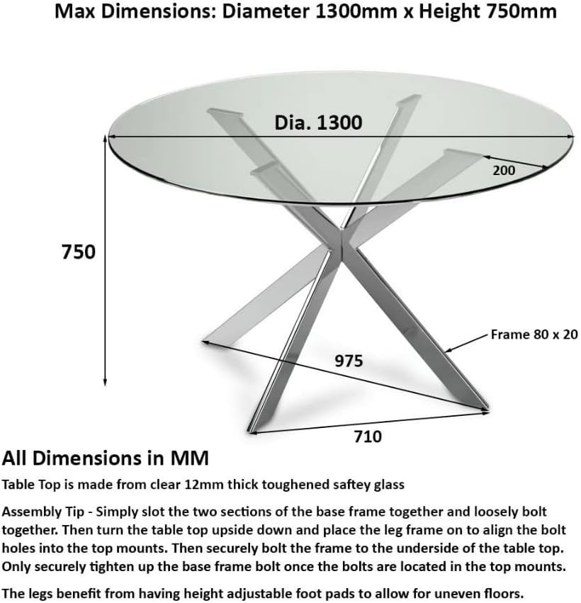 Round Glass Dining Table 130cm Chrome Legs 12mm Toughened Modern