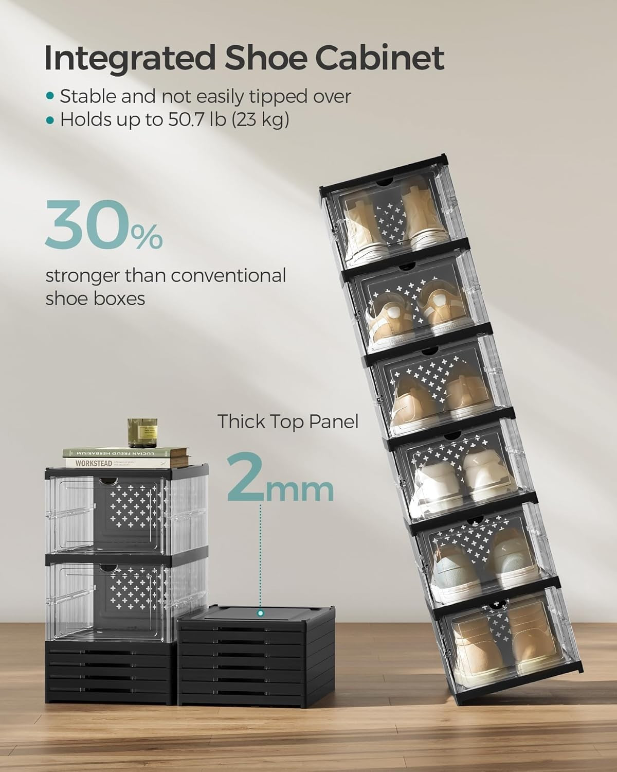 Pack of 6 Stackable Foldable Shoe Boxes Cabinet Transparent/Black 105x25x105 cm