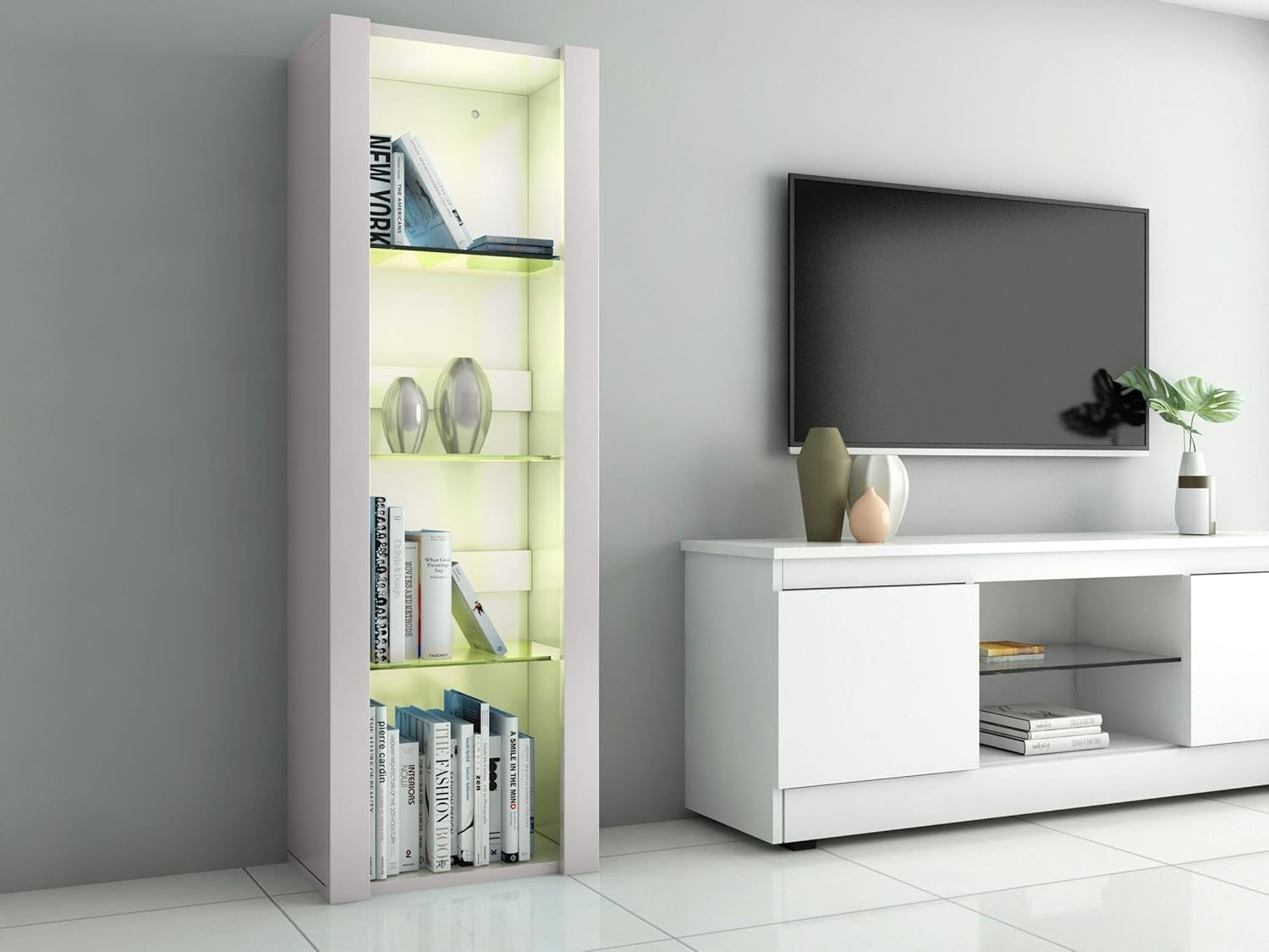 Tall Display Cabinet RGB Glass Shelves White Unit 165cm Cupboard Storage