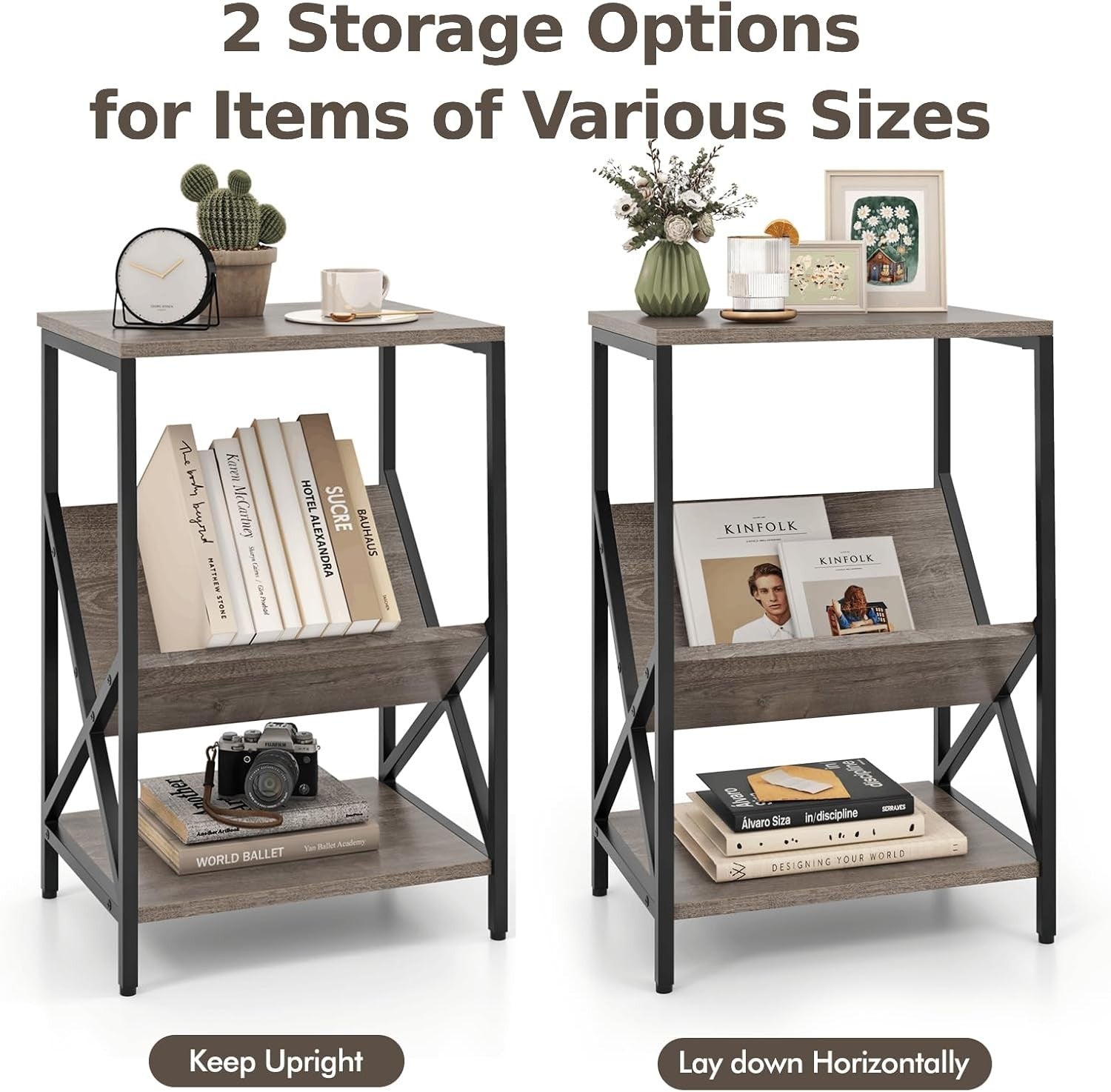 3-Tier Industrial Sofa Side Table with V-Shaped Magazine Holder & Storage