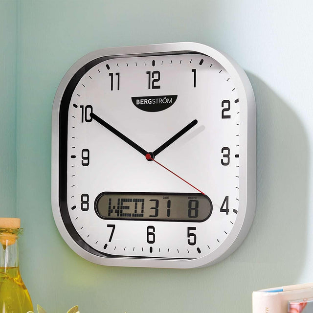 Square Wall Clock 27cm Silent Analogue with Digital Date Large Easy Read Display