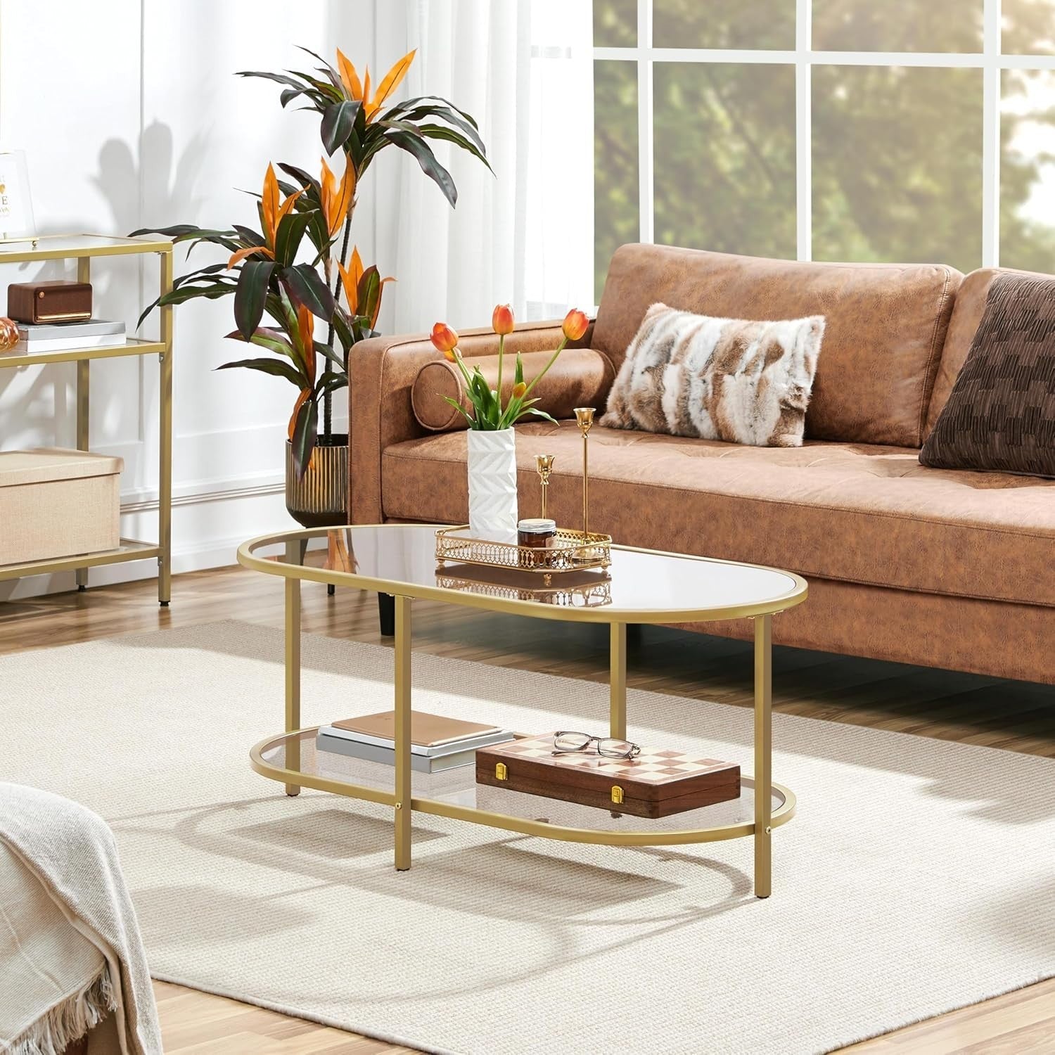 Modern Oval Glass Coffee Table 2-Tier Storage Metal Frame 106x50x44cm