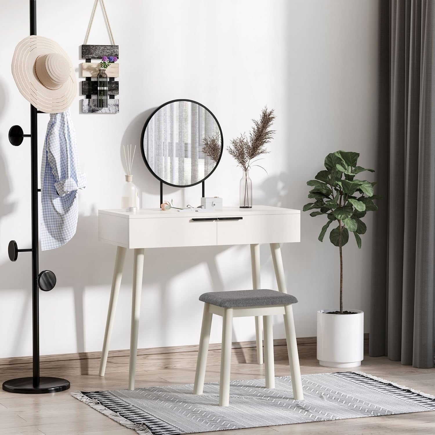 White Dressing Table Stool Set Mirror Drawers Makeup Vanity Desk Bedroom