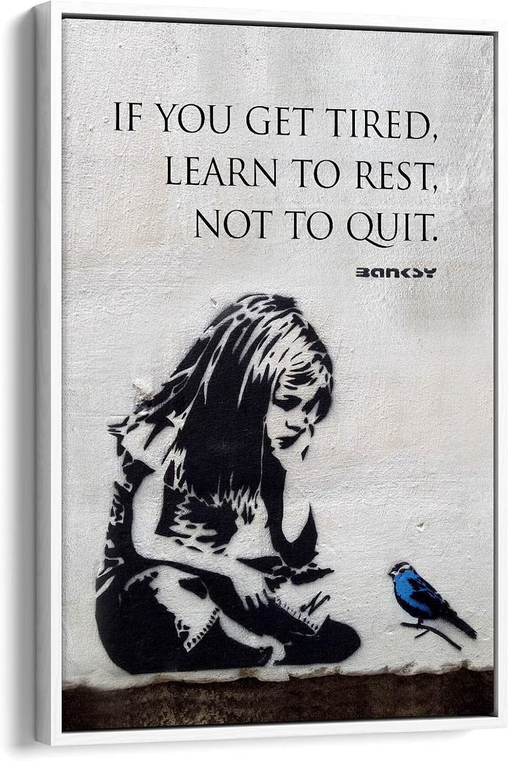 Banksy Blue Bird Girl Quote Canvas Wall Art Framed 12x8in Modern Decor