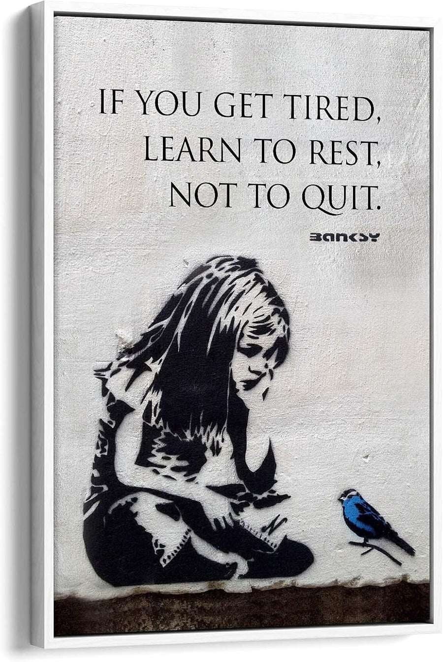 Banksy Blue Bird Girl Quote Canvas Wall Art Framed 12x8in Modern Decor