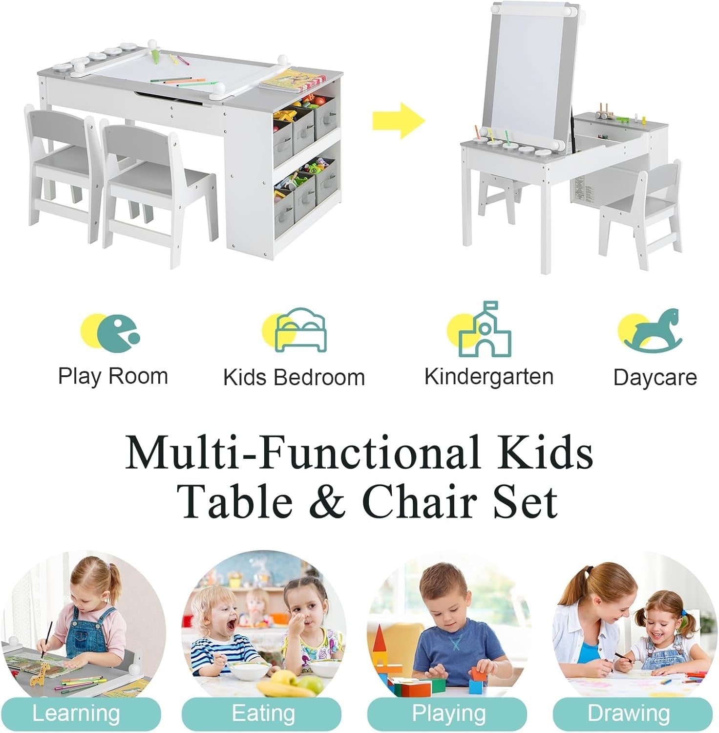 Kids Lift-Top Art & Study Table Set with Storage, Paper Roll & Paint Cups