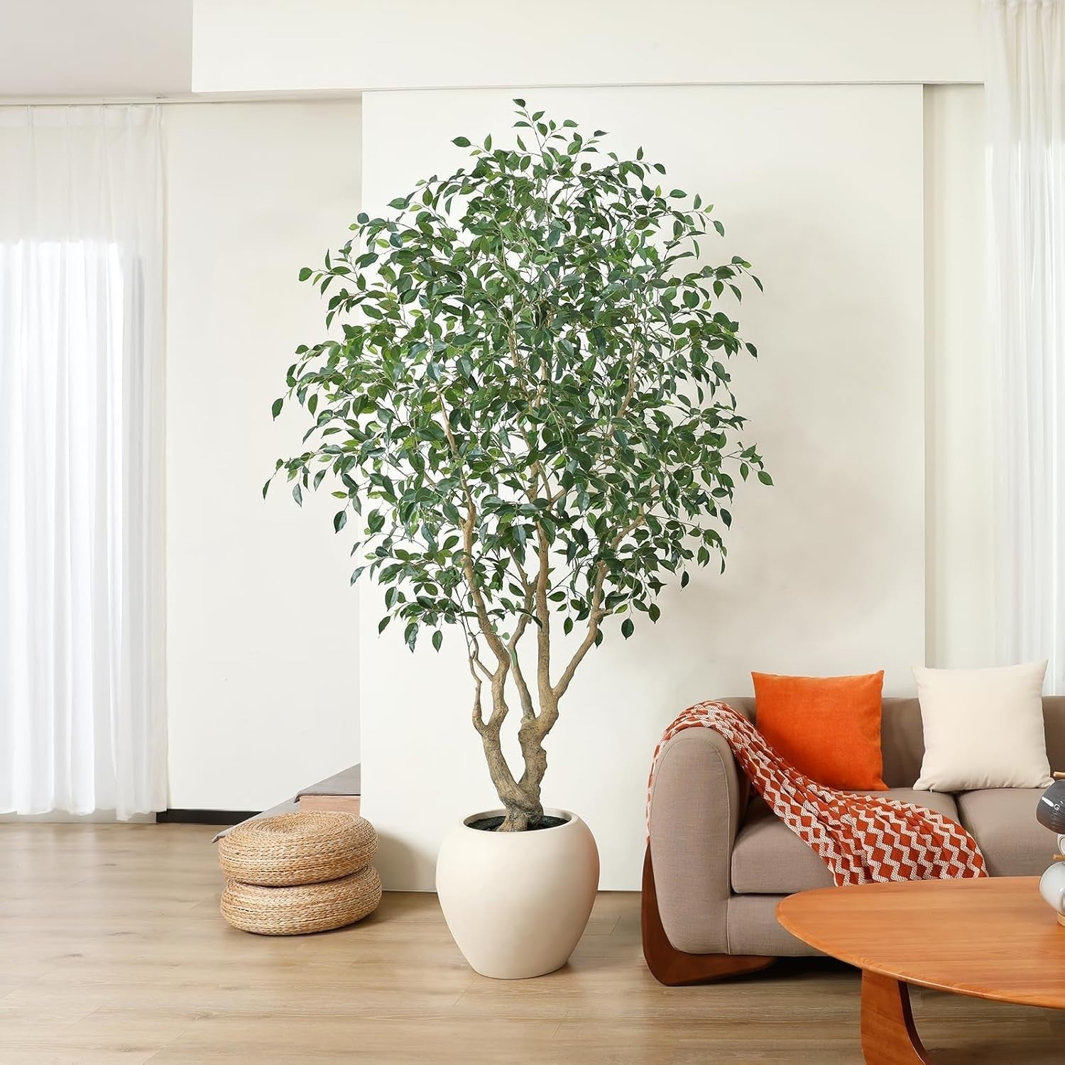 8ft Faux Ficus Tree in Artisan Ceramic Pot Premium Lifelike Indoor Decoration