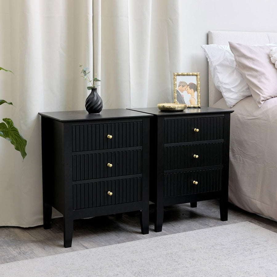 Pair of Black 3 Drawer Bedside Tables – Modern Wood Nightstands with Gold Handle