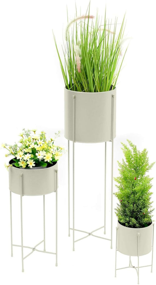 3PC Tall Cream Metal Plant Stand Set Indoor Outdoor Modern Flower Pot Holders